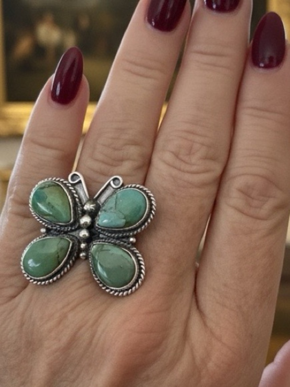 Sterling Silver Butterfly blue moon green Turquoise Statement Ring - Green